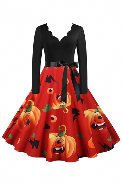 Novelty Womens Dress Pumpkin Ghost Pattern Bow Tie Waist Midi A-Line Slim Fitted Scalloped V Neck Long Sleeve Swing Dress