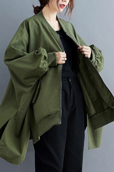 Stylish Jacket Solid Color Contrast Trim Asymmetrical Side Slit Zip Fly Flap Pockets Collarless Long Batwing Sleeves Oversized Jacket for Women