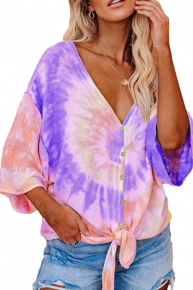 Trendy Women's Tee Top Tie Dye Pattern Twist Front V Neck Three-Quarter Sleeves Relaxed Fitted T-Shirt