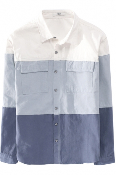 Vintage Mens Shirt Color Block Panel Purified Cotton Flap Pockets Button down Long Sleeve Spread Collar Regular Fit Shirt