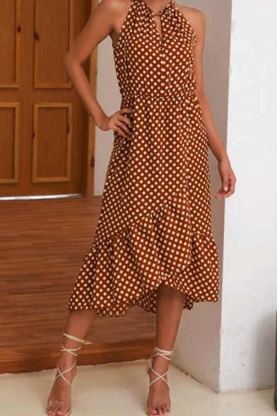 Womens Basic Dress Dotted Asymmetrical Hem Sleeveless Halter Sweatheart Neck Midi Dress with Slit