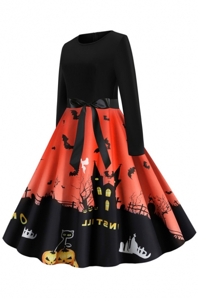 Womens Dress Chic Pumpkin Branch Cat Bat Castle Letter Pattern Bow Tie Waist Midi A-Line Slim Fitted Round Neck Long Sleeve Swing Dress