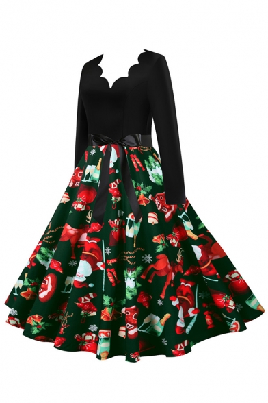 Womens Dress Trendy Santa Claus Gift Stocking Candy Cane Tree Print Tie Waist Midi A-Line Slim Fitted Scalloped V Neck Long Sleeve Swing Dress