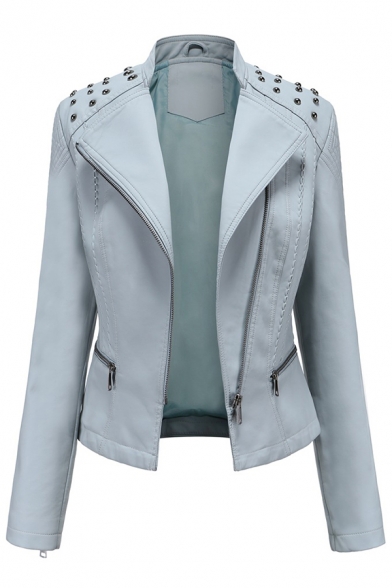 Womens Jacket Casual Rivet Decoration Zipper up Notched Lapel Collar Long Sleeve Slim Fit Leather Jacket