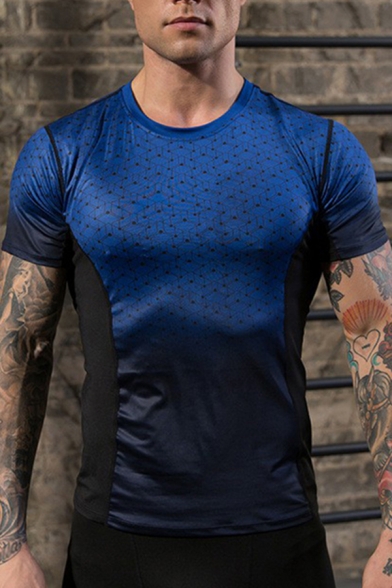Basic Mens Sport T-Shirt Geometric Pattern Gradient Color Short Sleeve Round Neck Skinny Fitted Quick Dry Tee Top