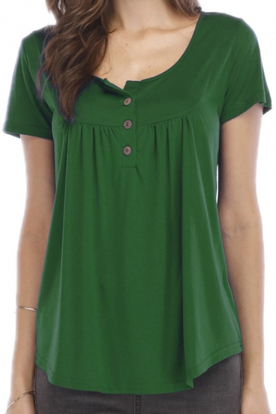 Casual Tee Top Button Pleated Plain Regular Short Sleeve Scoop Neck T-Shirt for Women