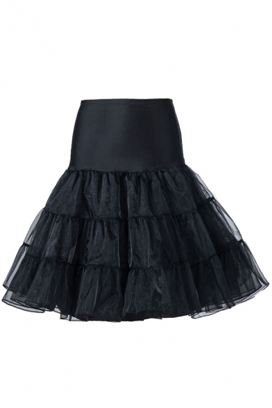 Classic Womens Skirt Solid Color Three-Tiered Mesh Patchwork High Rise Boneless Petticoat