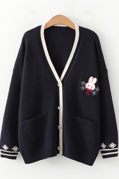 Creative Womens Cardigan Rabbit Head Embroidery Front Double-Pocket Contrast Trim Button down Loose Fit V Neck Long Sleeve Cardigan
