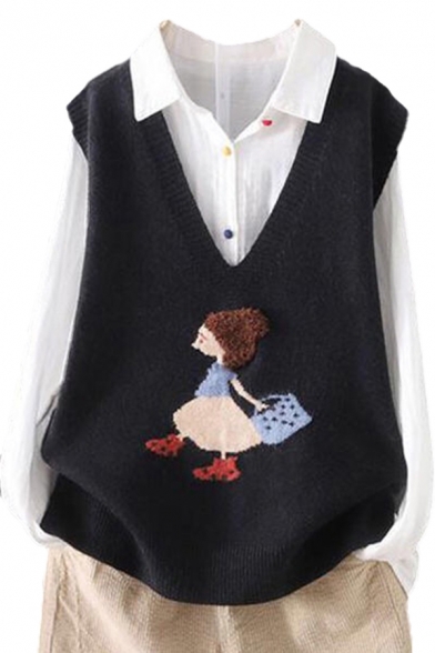 Cute Women's Vest Cartoon Printed V Neck Sleeveless Regular Fitted Knitted Vest
