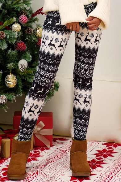 Girls Festive Pants Christmas Mid Rise Elastic Waist Full Length Straight Pencil Trousers