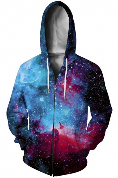 Hot Fashion 3D Galaxy Printed Unisex Long Sleeve Zip Up Hoodie with Pockets