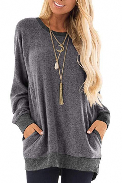 Leisure Women's Sweatshirt Side Pockets Solid Color Contrast Trim Round Neck Long Sleeves Loose Fit Hoodie