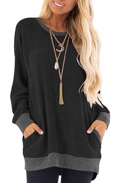 Leisure Women's Sweatshirt Side Pockets Solid Color Contrast Trim Round Neck Long Sleeves Loose Fit Hoodie