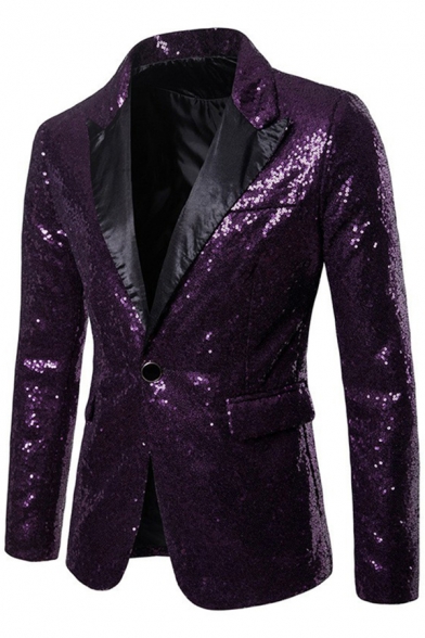 Mens Costume Tuxedo Trendy Sequin Double Flap Pockets Button Detail Lapel Collar Slim Fitted Long Sleeve Tuxedo