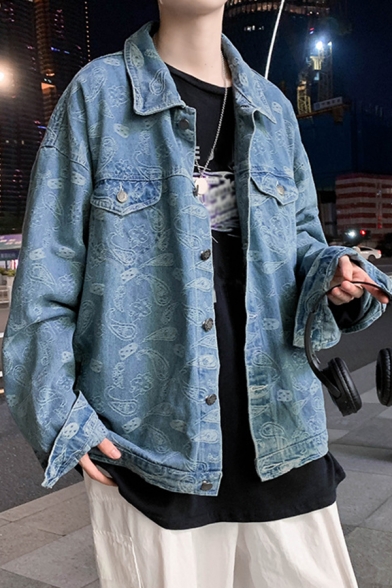 Mens Jacket Simple Paisley Pattern Flap Pockets Button-down Long Sleeve Turn-down Collar Loose Fitted Denim Jacket