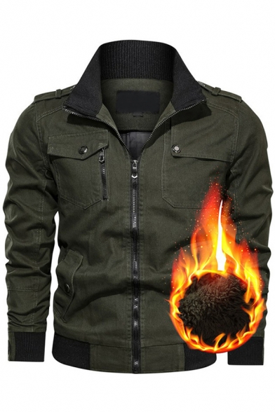 Mens Jacket Stylish Contrast Ribbed Trim Thickened Epaulets Zipper down Mock Neck Long Sleeve Slim Fitted Work Jacket