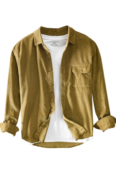 Mens Shirt Creative Plain Cord Chest Pocket Button down Long Sleeve Turn-down Collar Regular Fit Shirt