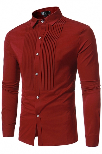 Mens Shirt Unique Plain Pleated Front Button up Spread Collar Long Sleeve Slim Fitted Shirt