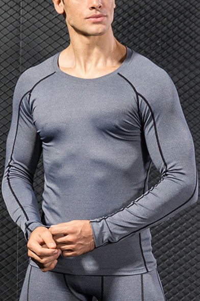 Mens Sport T-Shirt Creative Flatlock Stitching Quick Dry Stretch Long Sleeve Round Neck Skinny Fitted Quick Dry Tee Top