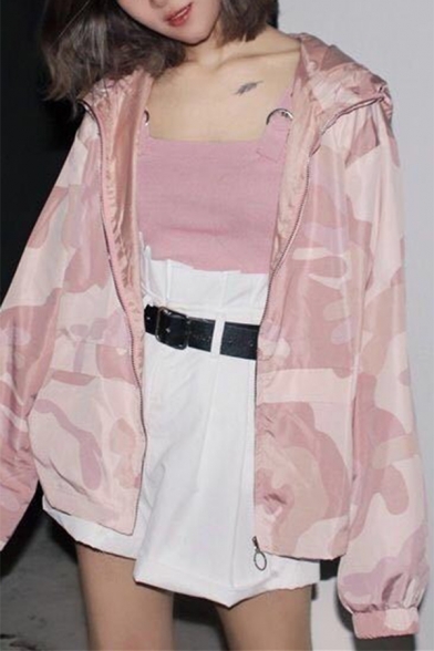 New Arrival Pink Camouflage Hooded Zip Adjustable Hem Casual Jacket Coat