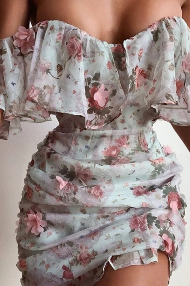 Novelty Womens Dress Ditsy Floral Print Ruffle Detail Mini Slim 