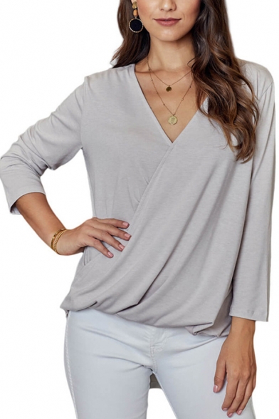 Office Lady Wrapped Workwear Basic Solid Color Pleated Back V Neck Long Sleeve Loose Fit Shirt