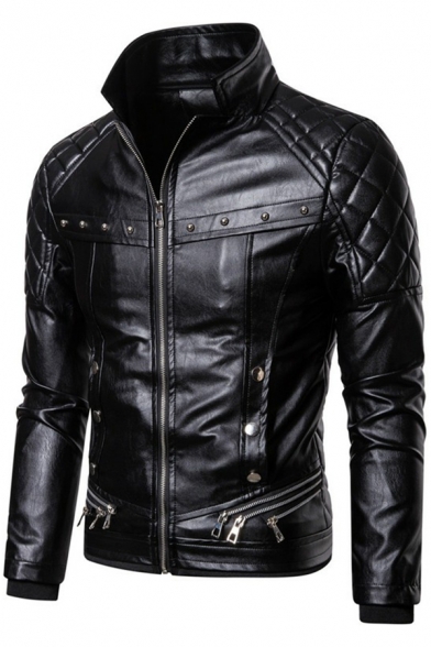 Retro Mens Jacket Rivets Zipper Decorated Detachable Fur-Trimmed Slim Fit Long Sleeve Turn-down Collar Leather Jacket