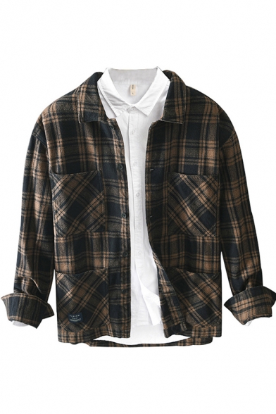 Retro Mens Shirt Plaid Pattern Chest Pockets Cotton Button down Long Sleeve Spread Collar Regular Fit Shirt