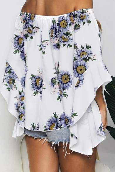 Fashion Summer Floral Print Shirt Womens Kimono Style 3/4 Butterfly Sleeve Cold Shoulder Loose Blouse
