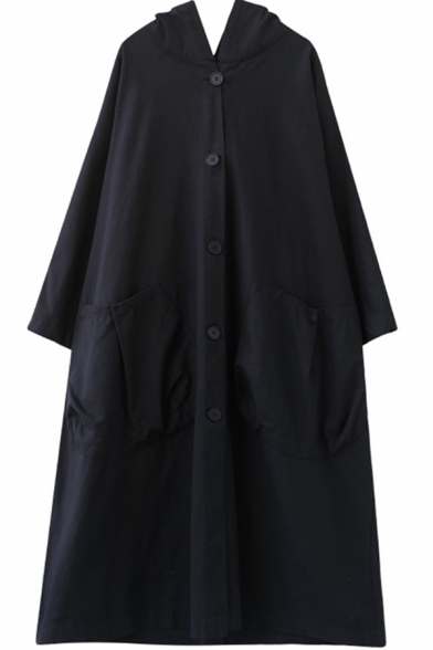 Trendy Girls Windbreaker Jacket Plain Pocket Button-down Full Sleeve Hooded Knee-Long Loose Coat