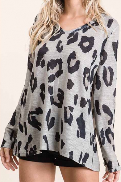 Trendy Tee Top All over Leopard Print Scoop Neck Long Sleeves Regular Fitted T-Shirt for Women