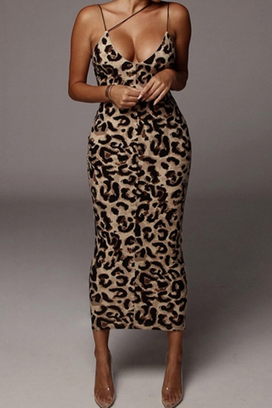 Unique Womens Dress Leopard Skin Print Spaghetti Strap Deep V Neck Sleeveless Slim Fitted Midi Bodycon Dress