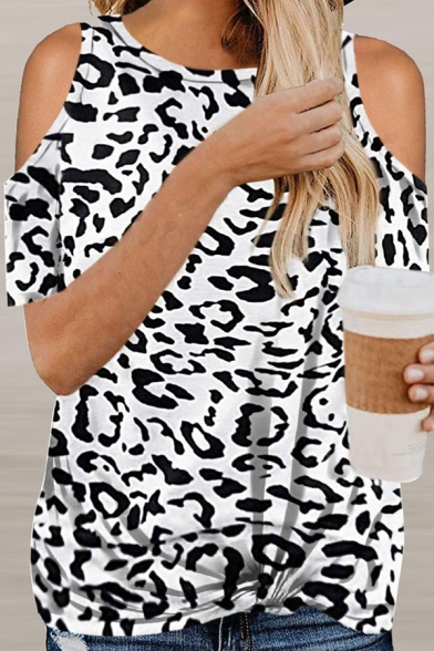 Vintage T-Shirt Leopard Pattern Cold Shoulder Round Neck Short Sleeves Tee Top for Women