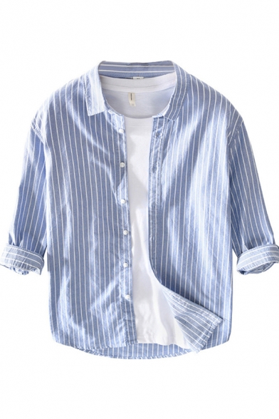 Basic Mens Shirt Pinstripe Print Cotton Point Collar Button Detail Regular Fit Half Sleeve Shirt