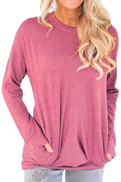 Basic Women's Tee Top Space Dye Side Pockets Round Neck Long Sleeves Relaxed Fit Tee Top