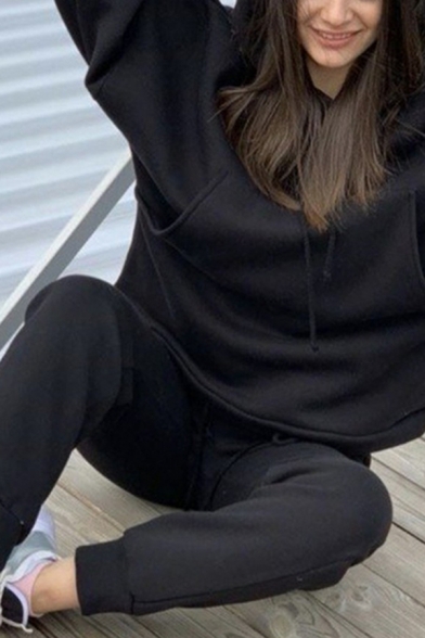 Basic Womens Co-ords Solid Color Drawstring Detail Kangaroo Pocket Long Sleeve Hooded Sweatshirt Ankle Length Pants Loose Fit Jogger Co-ords