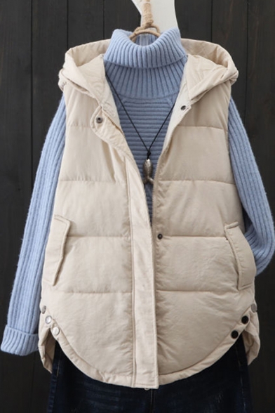 Casual Women's Asymmetrical Vest Solid Color Button-down Pocket Detail Sleeveless Relaxed Fitted Hooded Cotton-padded Vest
