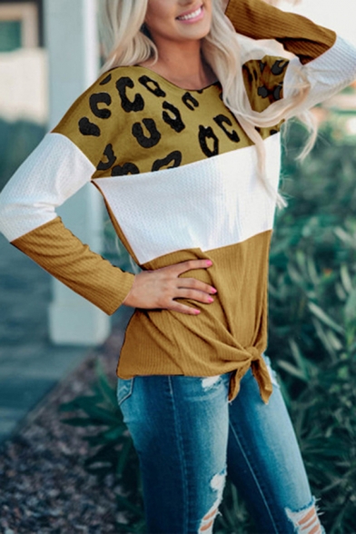 Casual Women's T-Shirt Leopard Animal Pattern Patchwork Knotted Tie Front Crew Neck Long-sleeved Tee Top