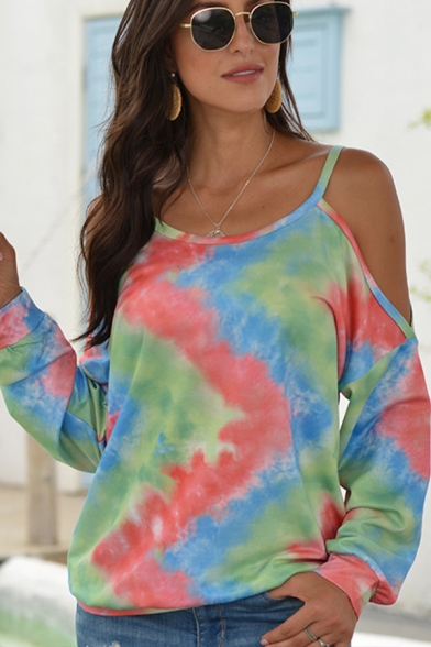 Casual Womens T-Shirt Tie Dye Strap Triangle-Cutout Full Sleeve Round Neck Tee Top