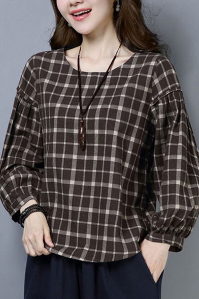 Classic Womens Flax Shirt Plaid Rosette Back Tie Elastic Cuff Full Bishop Sleeve Round Neck Shirt