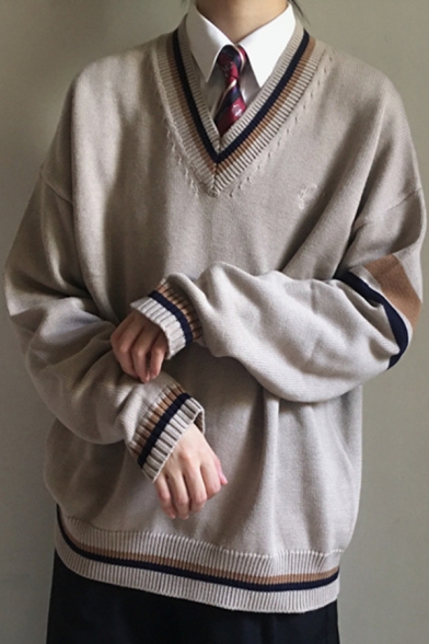 Cool Mens Sweater Contrast Stripe Trim Drop Shoulder Loose Fit Long Sleeve V Neck Sweater