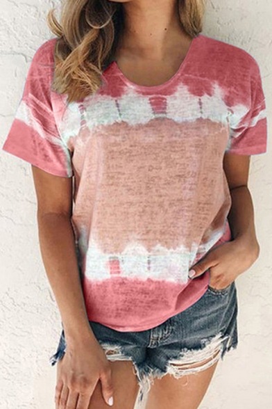 Cozy Women's T-Shirt Tie Dye Printed Round Neck Short Sleeves Regular Fitted Tee Top