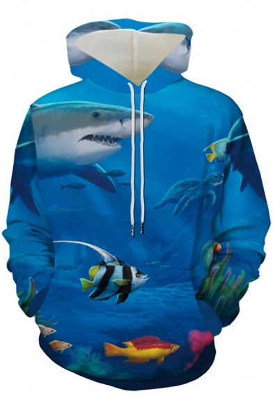 Cute Boys Long Sleeve Drawstring Fish Shark Ocean 3D Print Loose Blue Hoodie with Pocket
