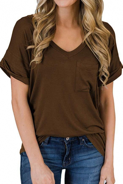 Leisure Tee Top Solid Color Chest Pocket Rolled Hem V Neck Short-sleeved T-Shirt for Women