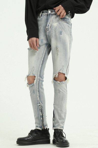 Novelty Mens Jeans Light Wash Distressed Zipper Vents Slim Fit 7/8 Length Blue Tapered Jeans