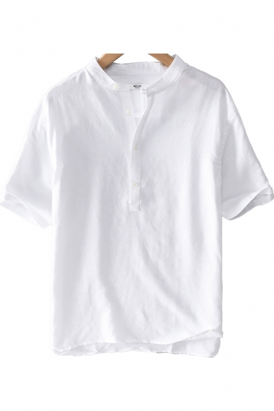 Novelty Mens Tee Top Solid Color Cotton Linen Button Design Ventilation Regular Fit Short Sleeve Round Neck T-Shirt