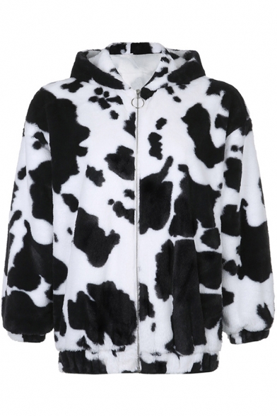 Novelty Womens Jacket Cow Spot Print Rabbit Hair Zipper Detail Regular Fit Long Sleeve Hooded Furry Jacket
