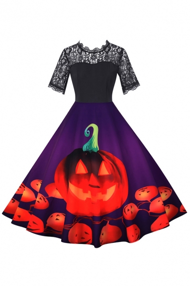 Retro Womens Dress Color Block Pumpkin Pattern Lace Patchwork Short Sleeve Midi A-Line Slim Fitted Round Neck Swing Dress