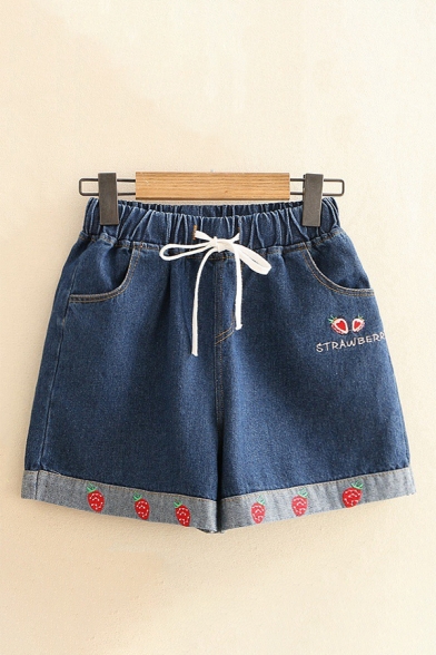 Strawberry Embroidered Elastic Waist Loose Denim Shorts