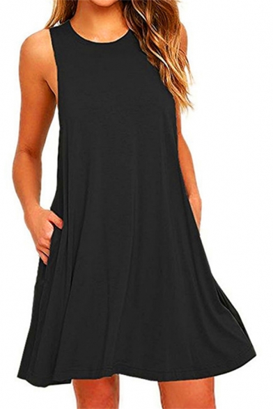 Summer Trendy Simple Plain Round Neck Sleeveless Mini Linen Casual Tank Dress